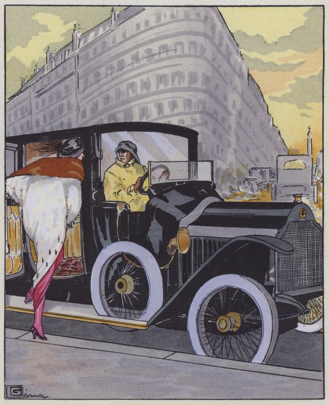 Damesmode uit de jaren 1910 en een Lorraine-Dietrich auto door Georges Leonnec