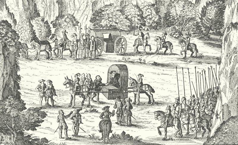 Vrijlating van Johan Frederik I, keurvorst van Saksen, uit gevangenschap door de Heilige Roomse keizer Karel V in Linz, Oostenrijk, 1552 door German School