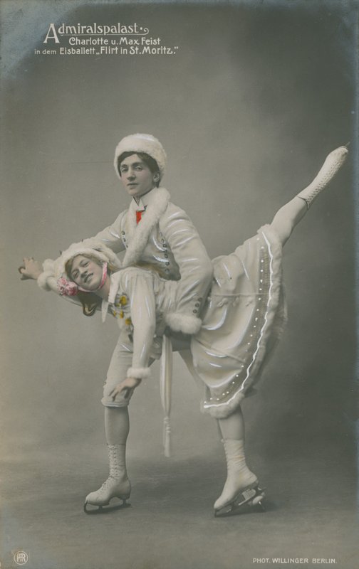 Ansichtkaart van schaatsers, verzonden in 1913 (handgekleurde foto) door German Photographer