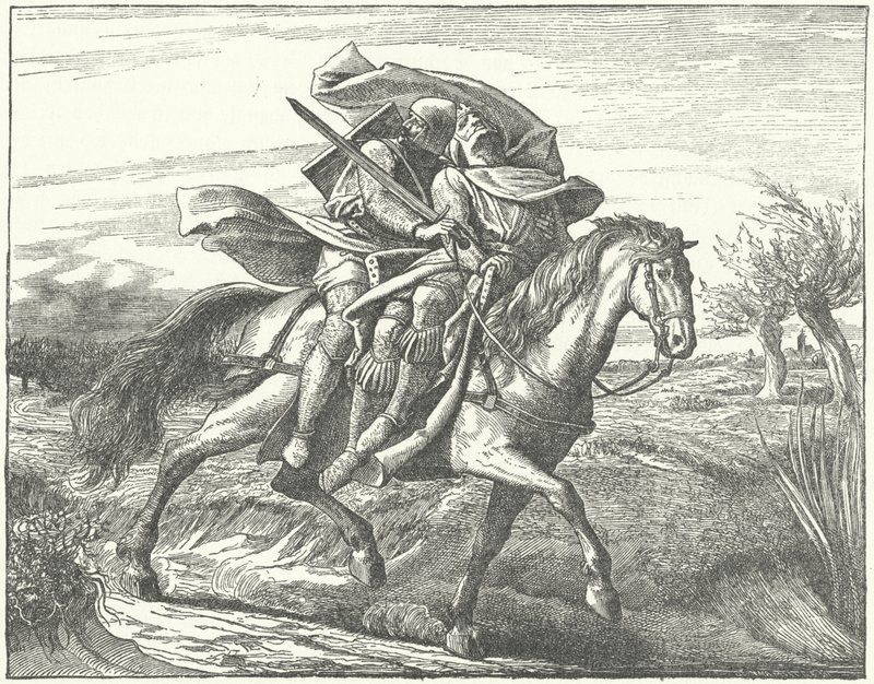Een Duitse ridder draagt Valdemar II van Denemarken naar veiligheid na zijn nederlaag in de Slag bij Bornhoved door German School