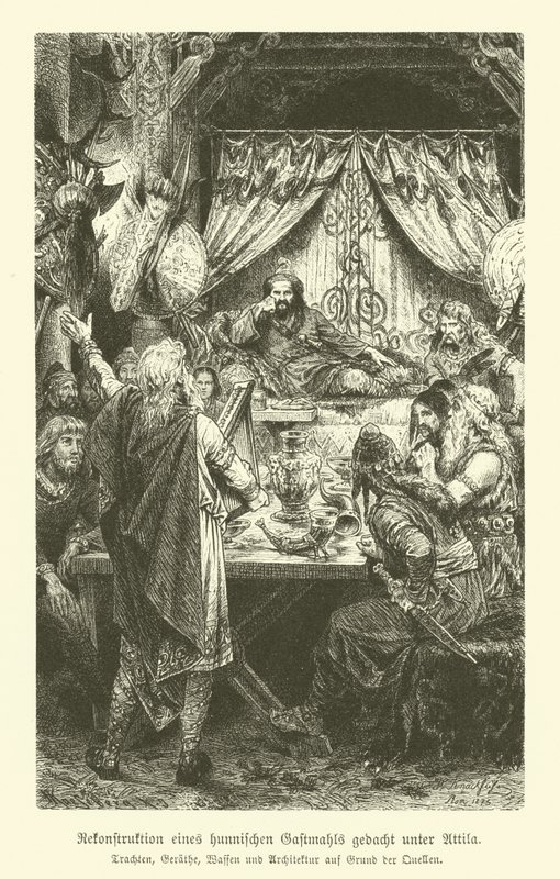 Een Hunnenfeest ten tijde van Attila (gravure) door German School