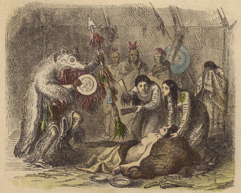 Een inheemse Amerikaanse medicijnman reciteert een bezwering om ziekte te genezen (gekleurde gravure) door German School