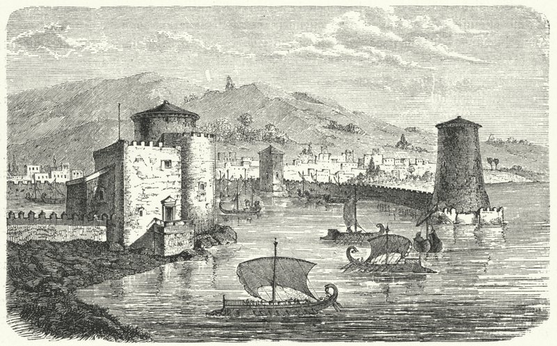 Een Fenicische haven (gravure) door German School
