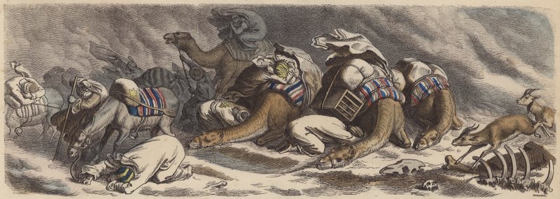 Een karavaan gevangen in een zandstorm in de Sahara (gekleurde gravure) door German School