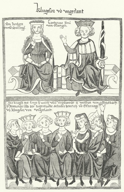 Een afbeelding van de Sangerkrieg, een wedstrijd tussen minstrelen op het Wartburg-kasteel in Thüringen in 1207, uit de Codex Manesse door German School