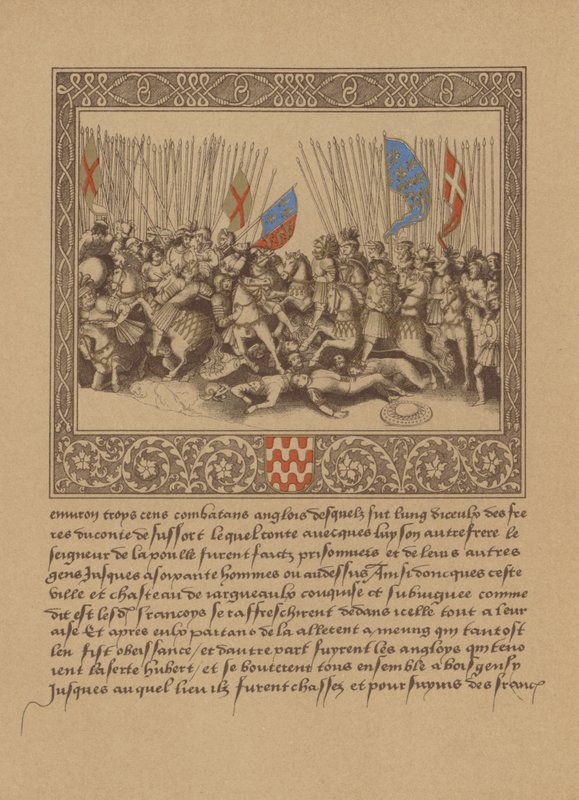 Een pagina uit een Frans 16e-eeuws manuscript met een scène uit Froissarts Kronieken door German School