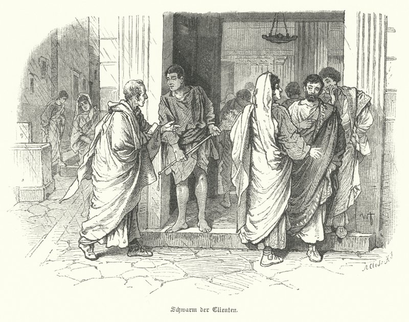 Een zwerm klanten buiten een bedrijf in het oude Rome door German School
