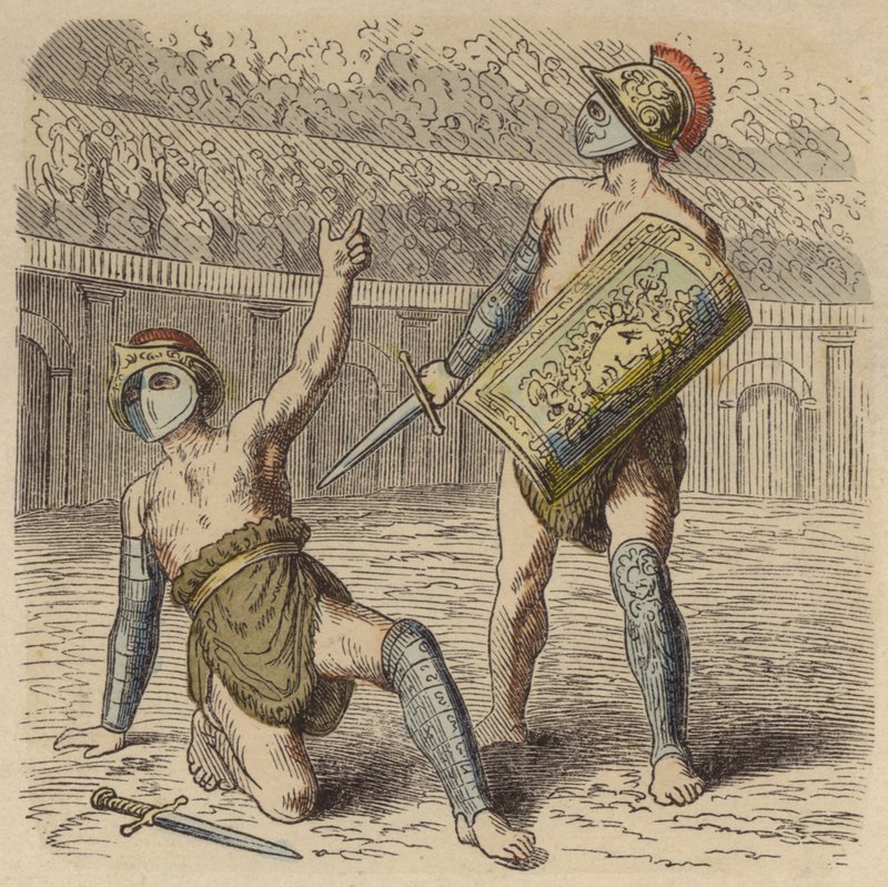 Een gewonde Romeinse gladiator smeekt het publiek om zijn leven door German School