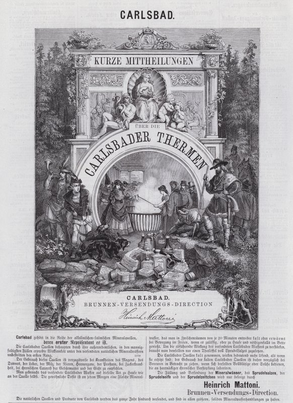 Advertentie voor Mattoni mineraalwater en andere producten uit de spa in Karlsbad (Karlovy Vary), Bohemen door German School