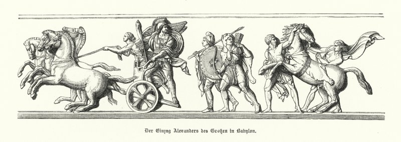 Alexander de Grote betreedt Babylon, 331 v.Chr. (gravure) door German School