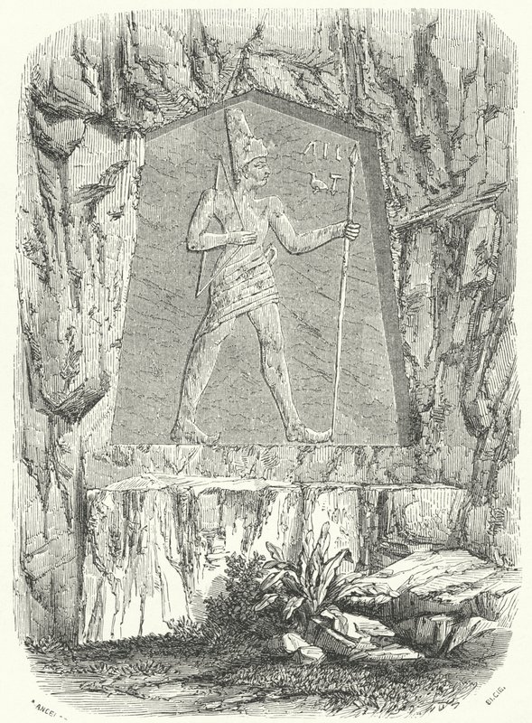 Oud-Egyptisch reliëf dat vermoedelijk de farao Sesostris of Ramses II afbeeldt (gravure) door German School