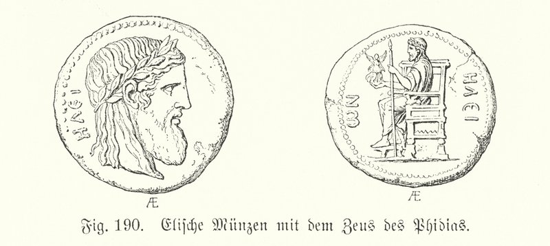 Oude Griekse munten uit Elis met afbeeldingen van de Zeus van Phidias door German School