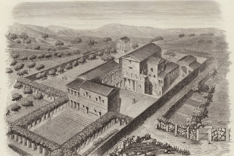 Oud-Grieks landhuis in Al-Barah, Syrië. Illustratie voor Bilder-Atlas (gravure) door German School