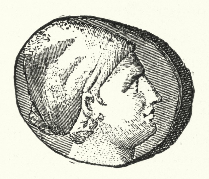 Oude munt met het hoofd van de oude Griekse dichter Sappho (gravure) door German School