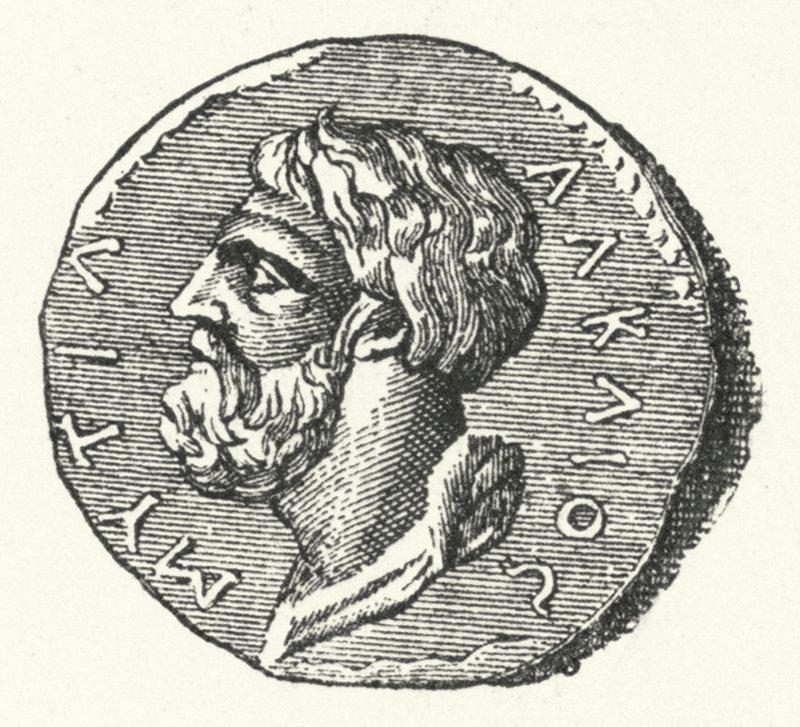 Oude munt met het hoofd van de Griekse dichter Alcaeus van Mytilene door German School