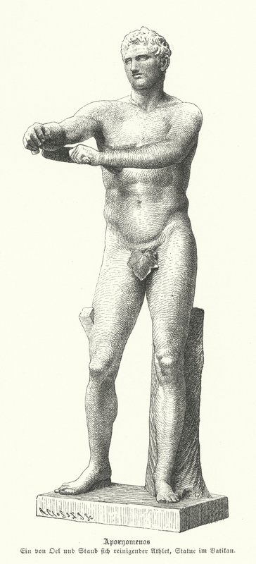 Apoxyomenos, standbeeld van een atleet die zweet en stof van zijn lichaam schraapt met een strigil (gravure) door German School