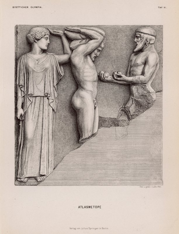 Atlas brengt Heracles de appels van de Hesperiden in aanwezigheid van Athena, metope van de Tempel van Zeus, Olympia, Griekenland door German School