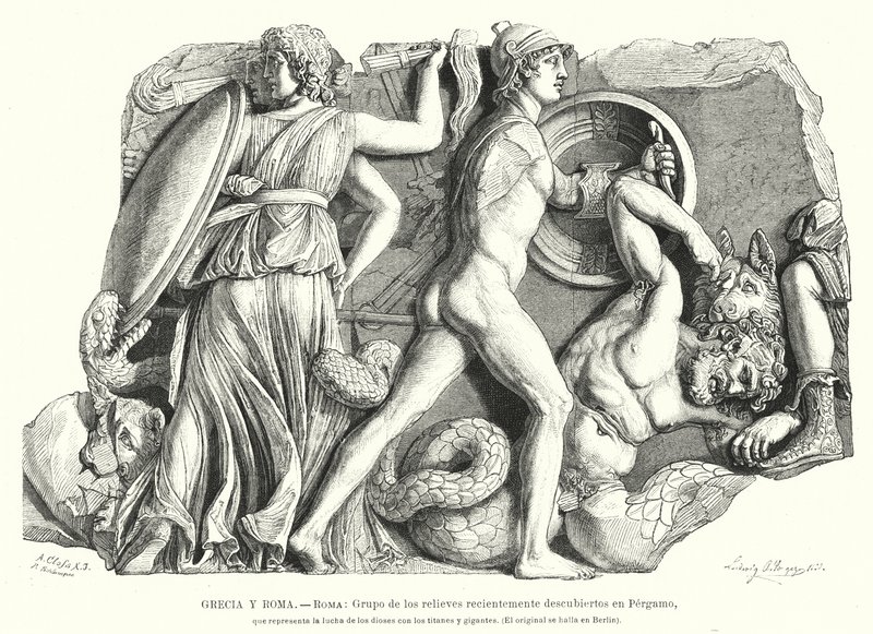 Slag tussen de goden en Titanen en reuzen, Oud-Grieks reliëf uit Pergamon door German School