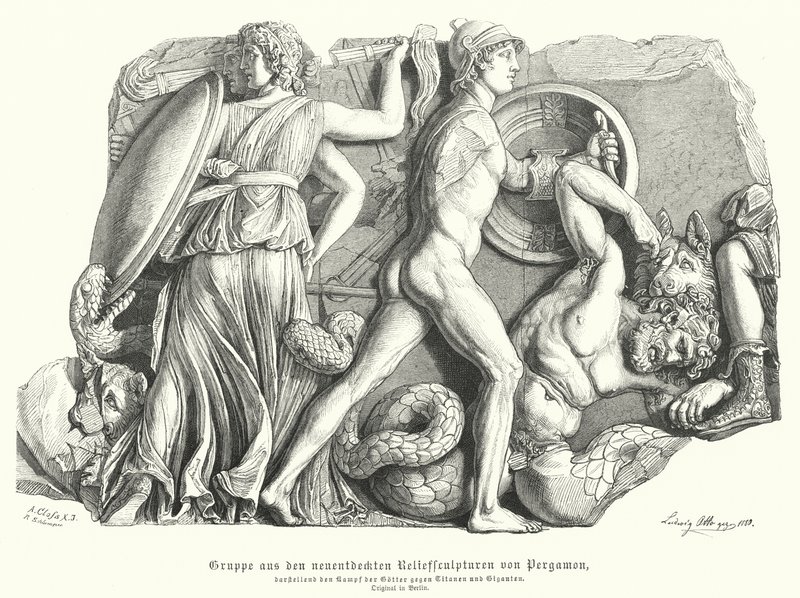 Slag tussen de Goden en Titanen en reuzen, Oud-Grieks reliëf uit Pergamon door German School
