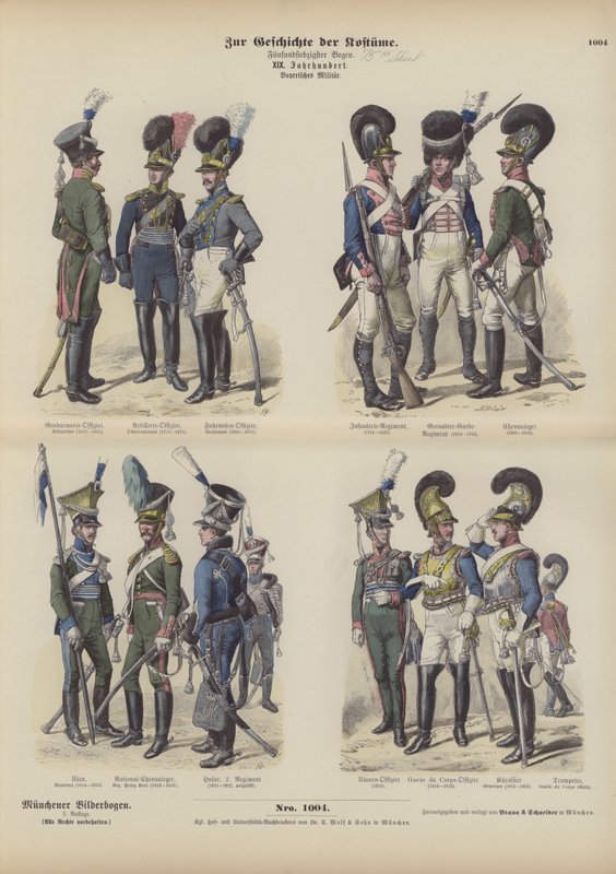 Beierse militaire uniformen, begin 19e eeuw (gekleurde gravure) door German School