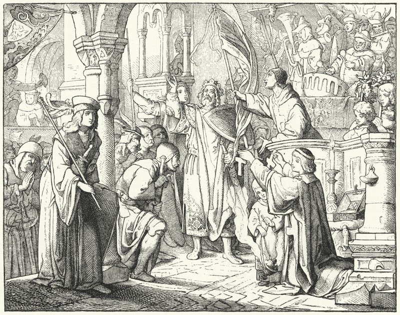 Bernard van Clairvaux predikt de Tweede Kruistocht in Speyer, Duitsland door German School
