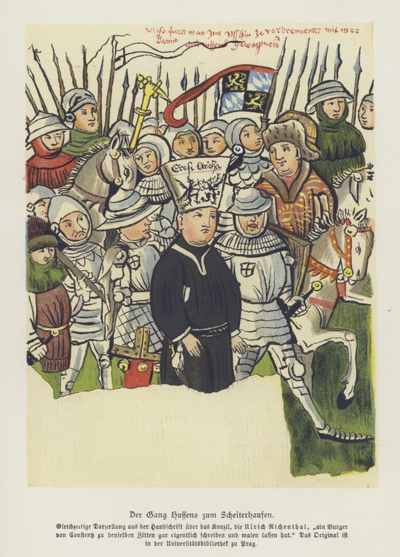 Boheemse christelijke hervormer Jan Hus wordt naar zijn executie gebracht, Constance, 6 juli 1415 door German School