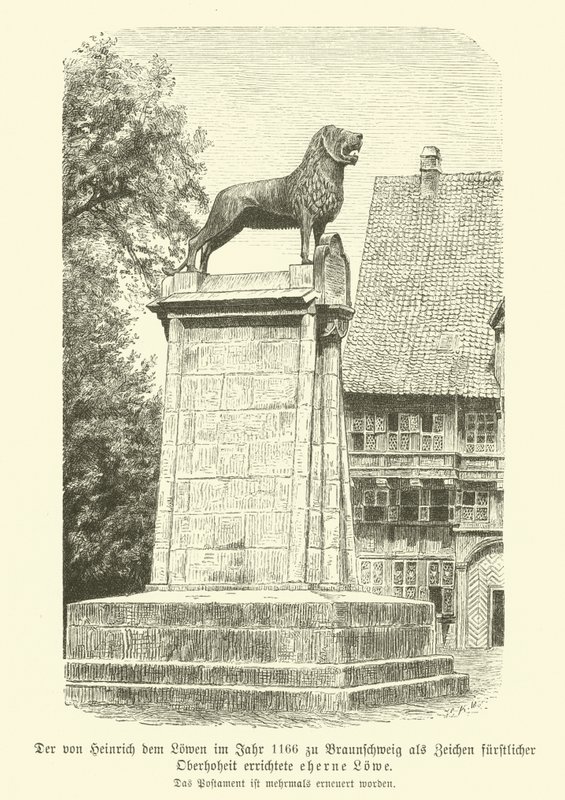 Bronzen leeuw opgericht door Hendrik de Leeuw in Braunschweig in 1166 (gravure) door German School
