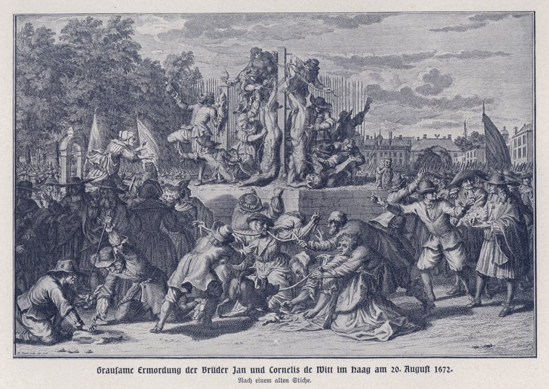 Brutale moord op de gebroeders Jan en Cornelis de Witt door een Oranjegezinde menigte, Den Haag, Nederland, 20 augustus 1672 (litho) door German School