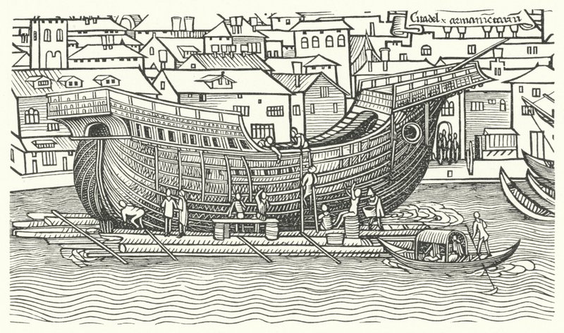 Bouw van een groot zeegaand schip aan het einde van de 15e eeuw door German School
