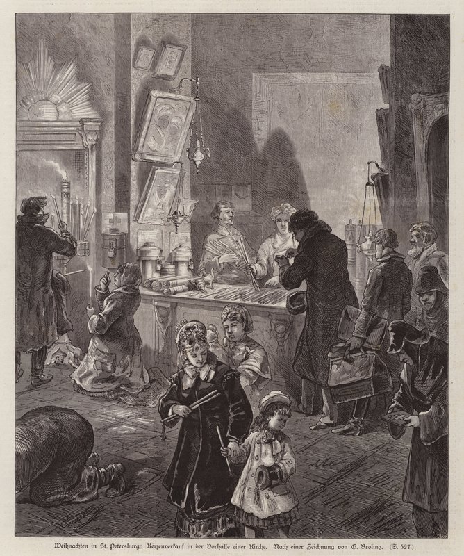 Kaarsen te koop in de vestibule van een kerk in Sint-Petersburg, Rusland, met Kerstmis (gravure) door German School