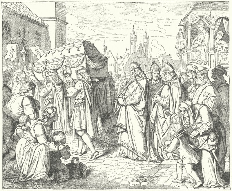 Karel IV van Bohemen volgt de begrafenisstoet van Gunther von Schwarzburg, koning van Duitsland door German School