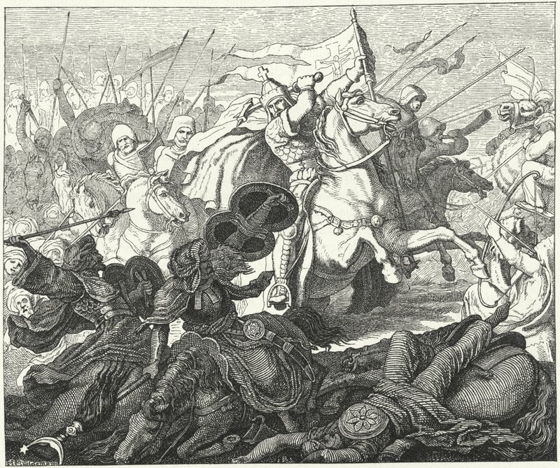Karel Martel bij de Slag bij Poitiers, 732 (gravure) door German School