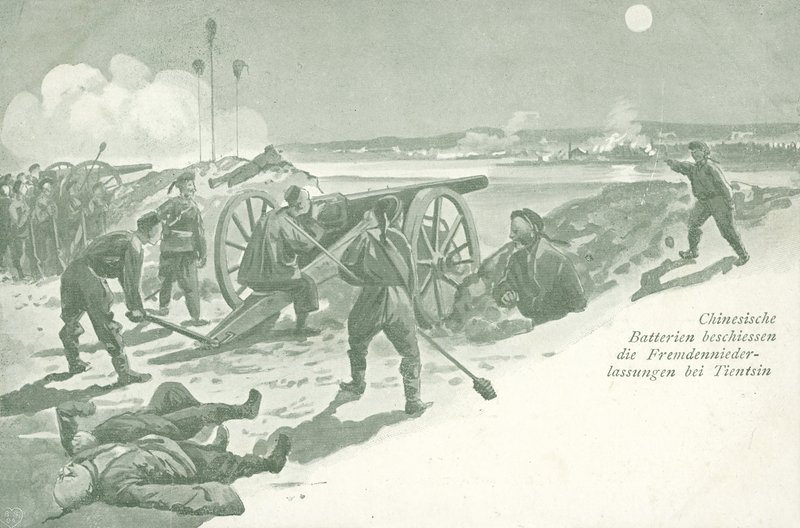 Chinese artillerie vuurt op de buitenlandse concessies in Tientsin, China, tijdens de Bokseropstand door German School