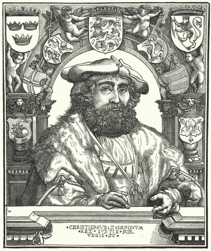 Christiaan II, Koning van Denemarken, Noorwegen en Zweden (gravure) door German School