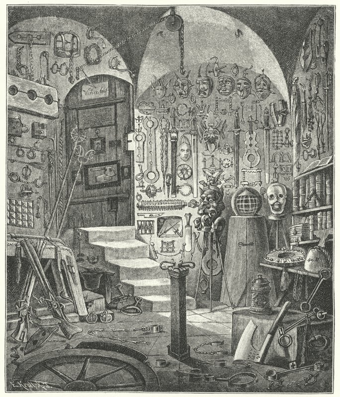 Collectie van antiquiteiten met betrekking tot misdaad en straf in het kasteel van Neurenberg door German School