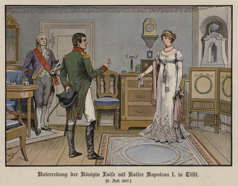 Gesprek tussen koningin Louise van Pruisen en keizer Napoleon I in Tilsit, 6 juli 1807 (kleur litho) door German School