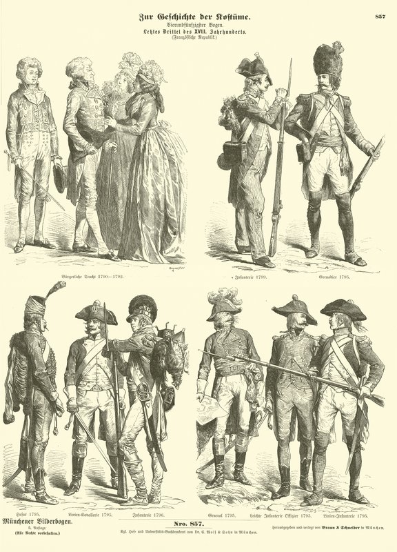 Kostuums en militaire uniformen van de Republikeinse Frankrijk, 1790s door German School