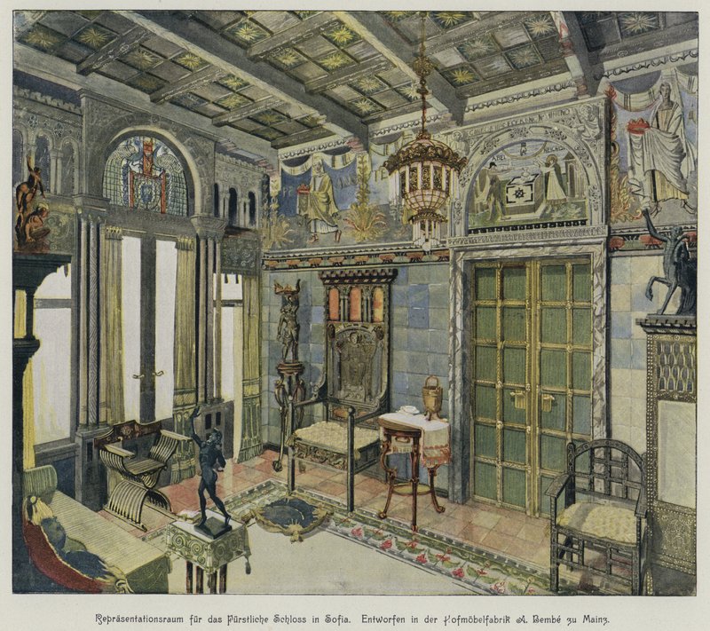 Ontwerp voor een kamer in het Koninklijk Paleis in Sofia, Bulgarije, geproduceerd door de A Bembe meubelfabriek in Mainz, Duitsland door German School