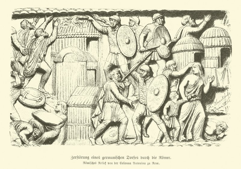 Vernietiging van een Germaans dorp door Romeinse soldaten (gravure) door German School