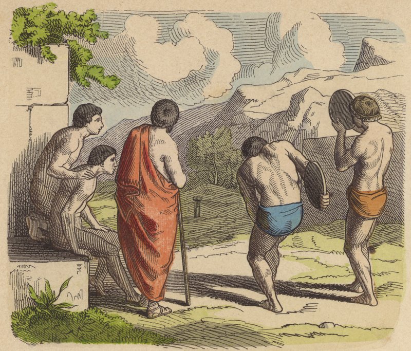 Discuswerpen in het oude Griekenland (gekleurde gravure) door German School