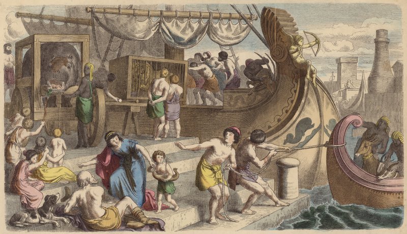 Ontscheping van dieren voor gebruik in de Romeinse spelen (gekleurde gravure) door German School