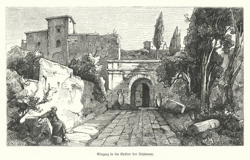 Ingang van het graf van de Scipios, Rome (gravure) door German School