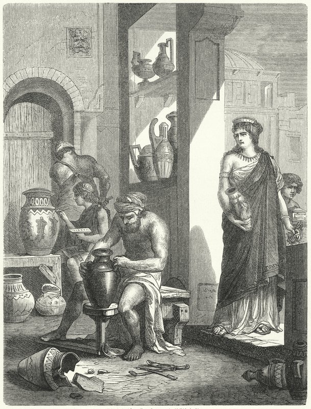Etruskische pottenbakkerij (gravure) door German School