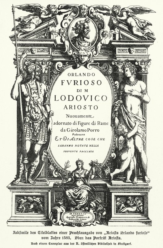 Facsimile van de titelpagina van een editie uit 1583 van de Italiaanse dichter Ludovico Ariosto