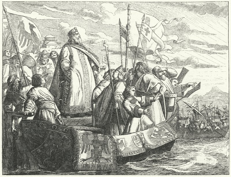 Frederik Barbarossa en zijn leger steken de Bosporus over tijdens de Derde Kruistocht door German School