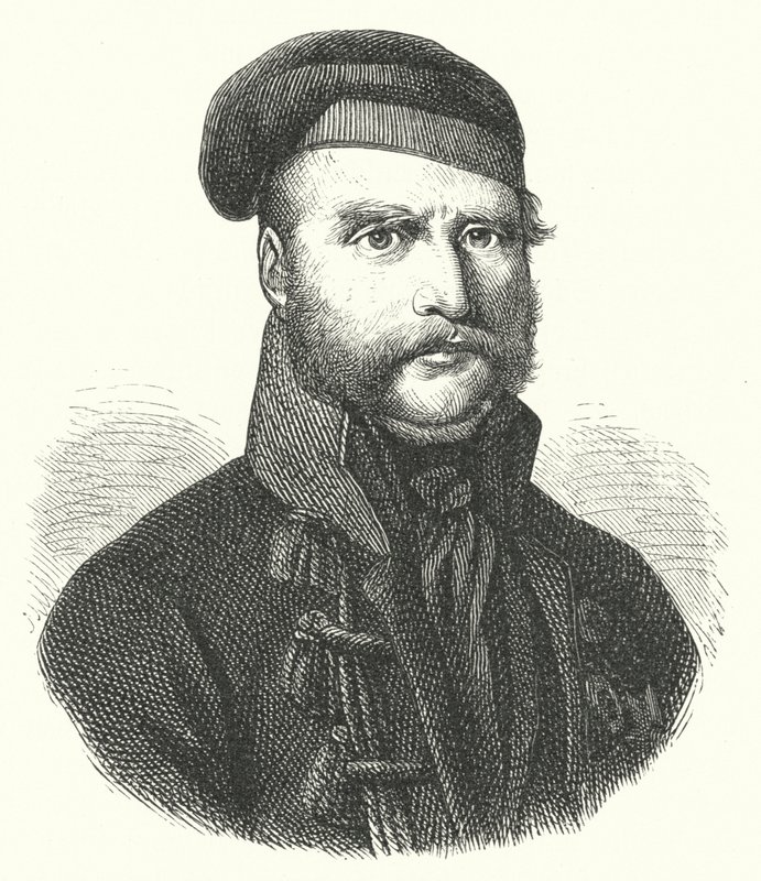 Frederik Willem, hertog van Brunswijk-Wolfenbüttel, Duitse soldaat die de Zwarte Brunswickers leidde tegen de Fransen tijdens hun bezetting van Duitsland in de Napoleontische oorlogen (gravure) door German School