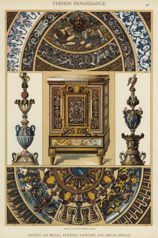 Franse Renaissance, email op metaal, aardewerk schilderen en metaalmozaïek door German School