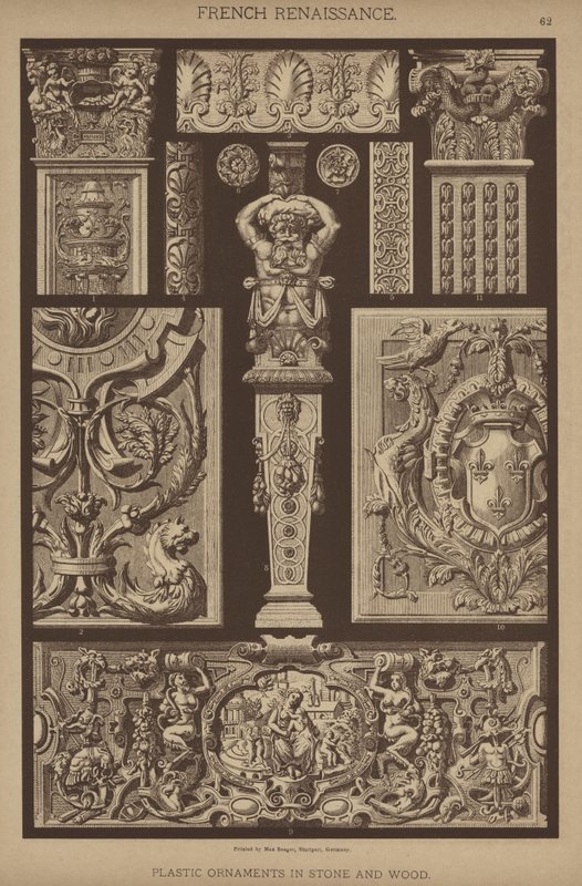Franse Renaissance, plastic ornamenten in steen en hout door German School