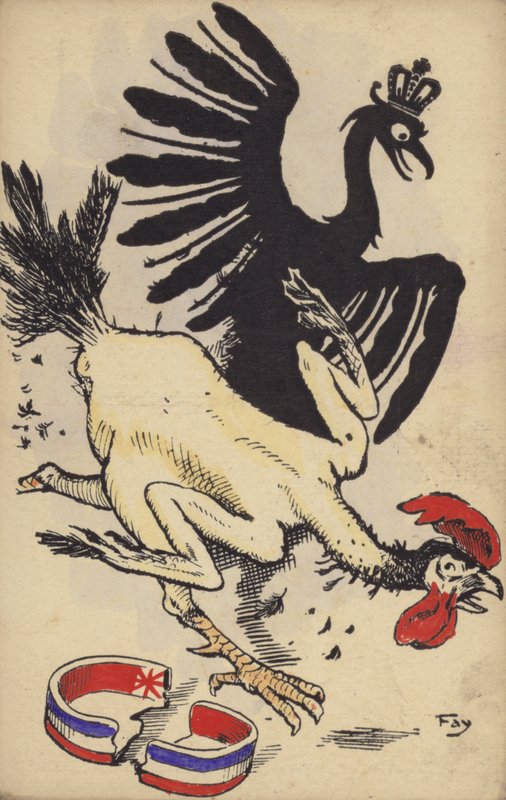 Franse haan op de vlucht voor de Duitse adelaar (kleurenlitho) door German School