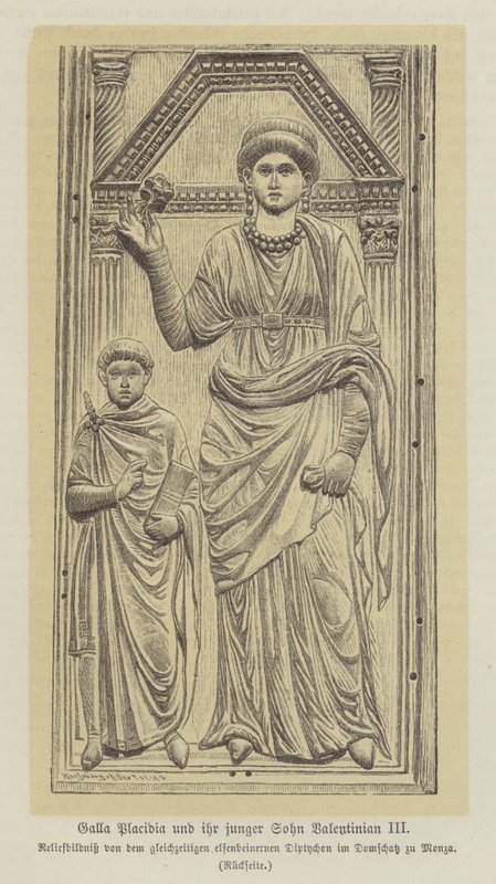 Galla Placidia, dochter van de Romeinse keizer Theodosius I, en haar zoon, Valentinianus III (gravure) door German School